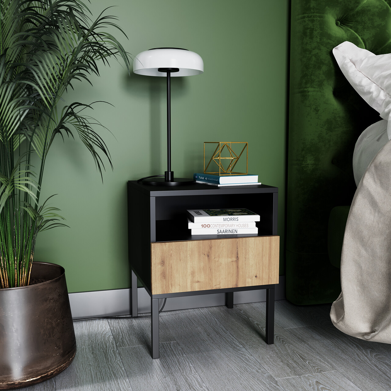 Noptiera ELTAP, Lanzzi, 40x40x50 cm, MDF laminat, negru/stejar - imagine 7
